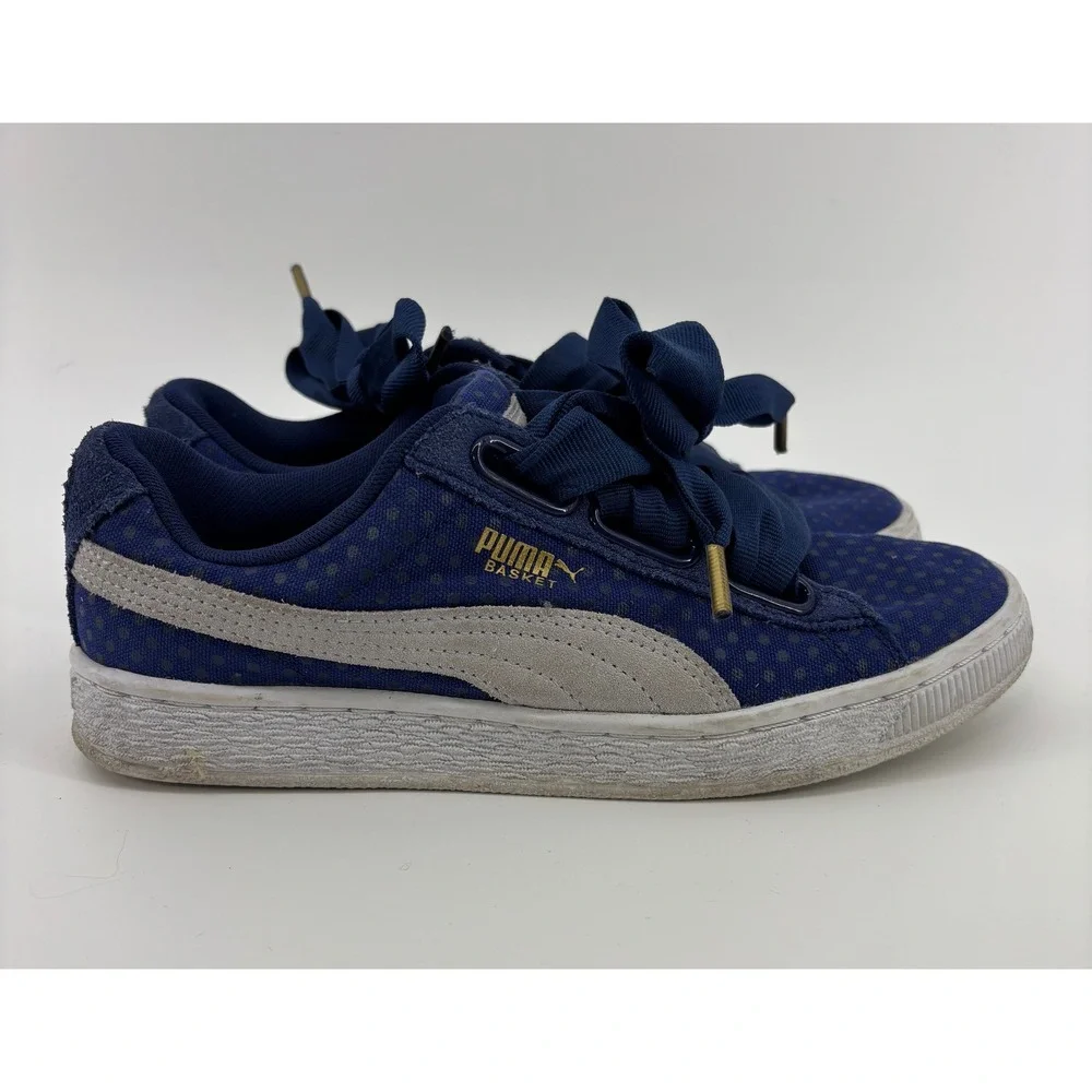 Puma Basket Heart Women's 6.5 Twilight Blue Polka Dot Ribbon Laces